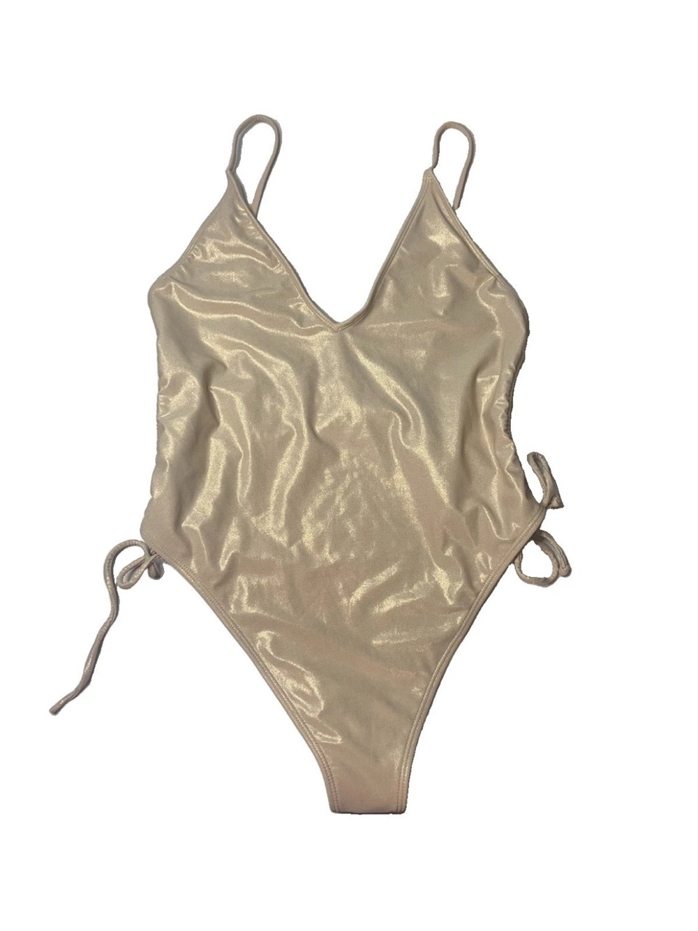 One Piece Swimsuit Gold Nude Metallic High Cut Stretch Ties Barbie L Beach Pool